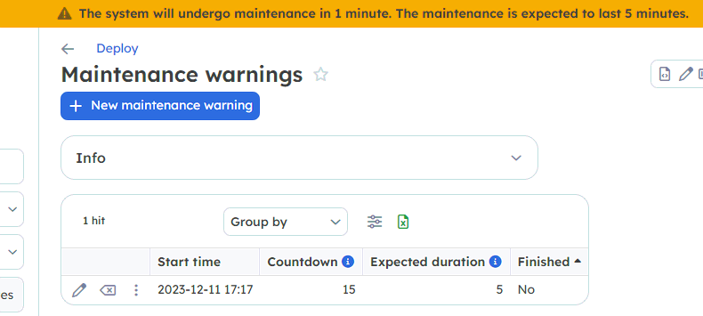 Maintenance banner saying there are x minutes left before maintenance.