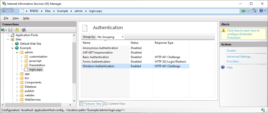 IIIS Manager showing Authentication settings for login.aspx with Windows Authentication enabled and the others disabled.