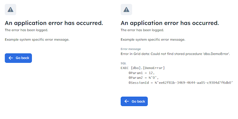 Error page for users and administrators