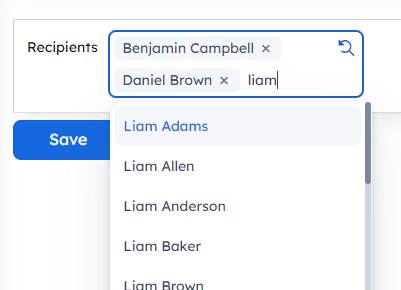 A box with two names added in boxes and a third name Liam, currently also showing a list of search results whose name starts with Liam
