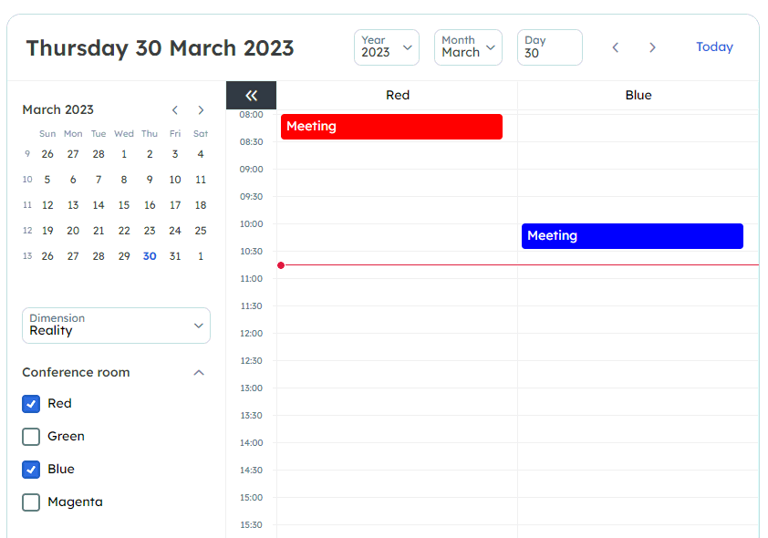 Resource calendar with several rooms, where the user has filtered the visible rooms