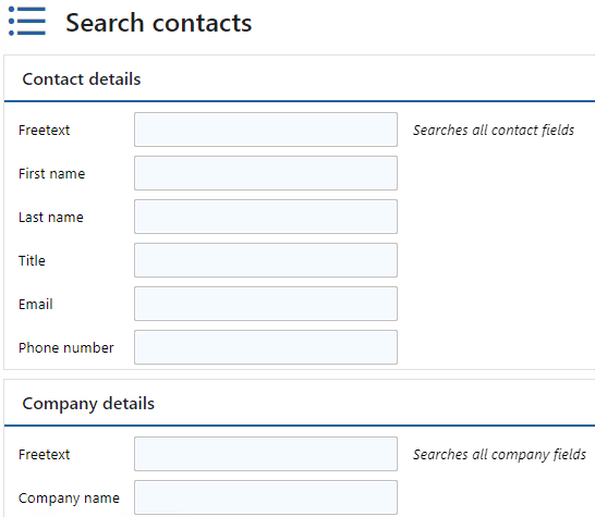 A search page where fields are grouped under the headings Contact details and Company details