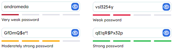 Four examples of password strength, from weakest to strongest