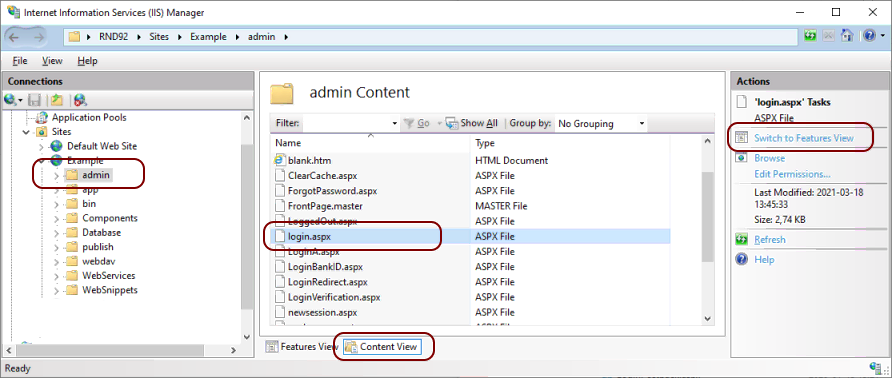 IIS Manager showing content view of admin-directory with login.aspx selected.