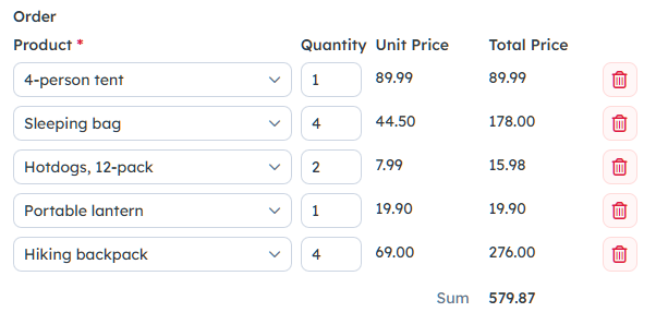 A multirow control with camping supplies, listing a sum of the total price for each row