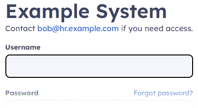 Login page with the phrase "Contact bob@hr.example.com if you need access"