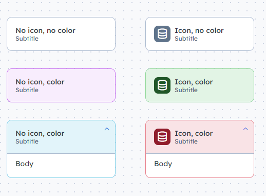 Node graph with four nodes, with an without icon, and with and without color