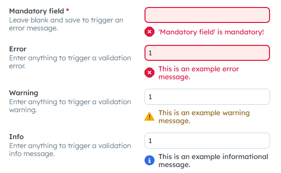 Shows mandatory, error, warning, and informational validation